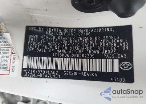 2006 Toyota Avalon Xls from USA, damaged, VIN 4T1BK36B26U162299